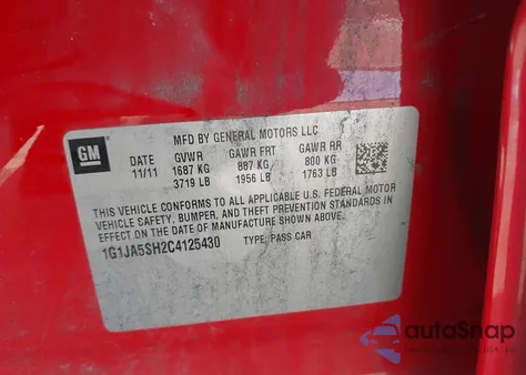 2012 Chevrolet Sonic 2Ls from USA, damaged, VIN 1G1JA5SH2C4125430